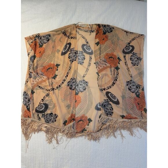 Daniel Rainn Kimono M/L Swimsuit Coverup Fringe Floral Orange Blue - Picture 1 of 3